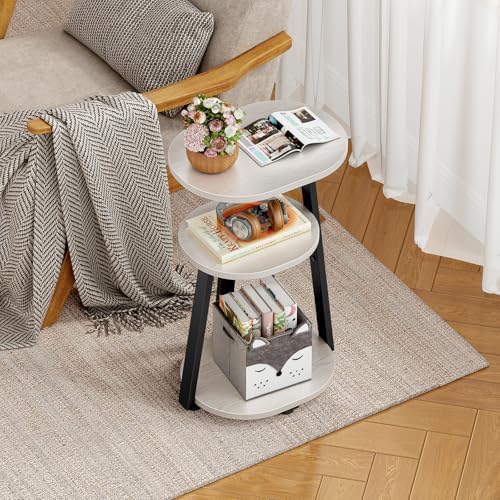 Kalrin Side Table, Small End Table with Metal Frame, 3-Tier Bedside Tables, Round Side Tables for Living Room Bedroom Couch Bathroom, Oval, White Maple