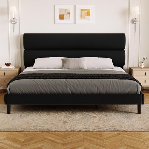 GRUSIGN King Size Platform Bed Frame with Velvet Headboard, Adjustable Height Wooden Slats Support, Upholstered Mattress Foundation, Fits Mattress or Mattress with Box Spring, Easy Assembly, Black