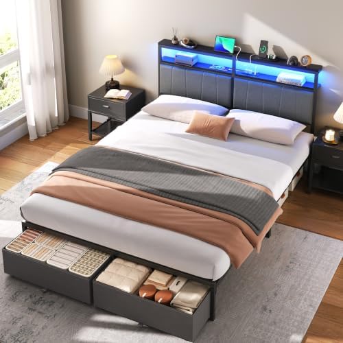 Queen Bed Frame with Storage Drawers and Charging Station, Grey