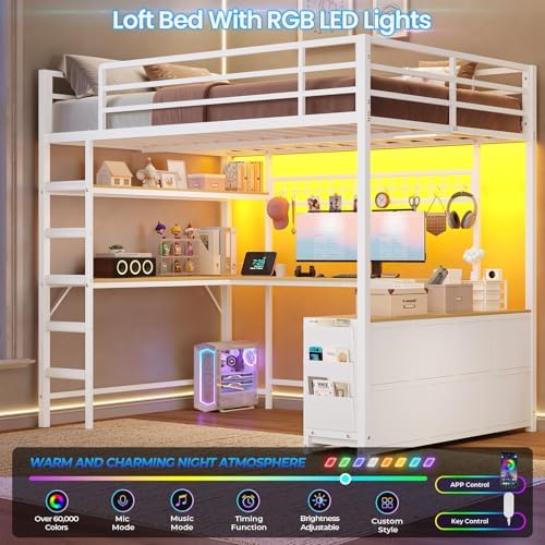 DICTAC Loft Bed Full Size with U-Shaped Desk,7 Storage Drawers and Charging Station,Metal Full Loft Bed with Led Lights and 2-tier Storage Shelves,loft full bed with Safety Guardrail and Ladders,White