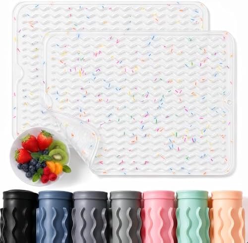 CAKETIME 2 Pack Silicone Dish Drying Mat for Kitchen Counter Shower Caddy Waterproof Heat Resistant Dishwasher Safe Coffee Bar Placemats Essentials 15"x11.5" Transparent Stripes