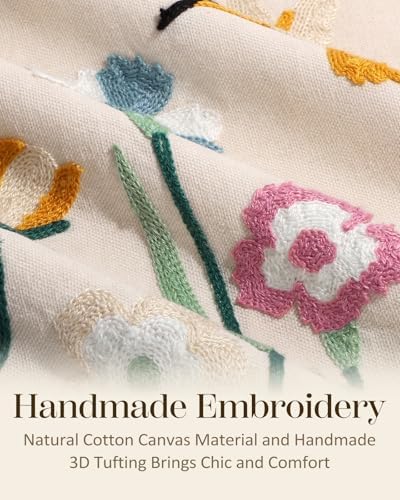 Embroidered Throw Pillow Cover 18x18 Inch - Spring Summer Boho Decorative Pillow Cover with Zipper for Living Room Couch Sofa Bed Aesthetic Design Flower Bird Cushion Pillowcase (Pack of 2)