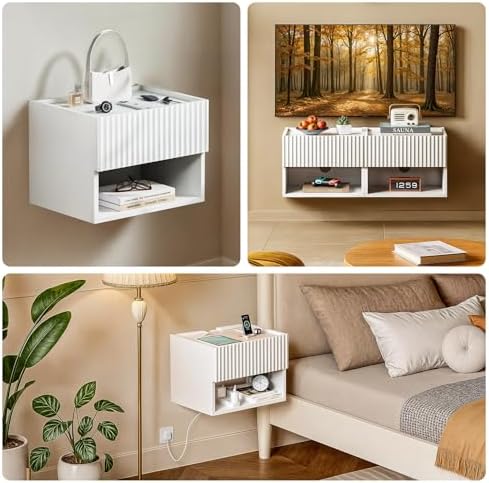 Floating Nightstand Bedroom Bedside Table - Wood Night Stand Set 2 for Small Spaces, Wall Mounted Cabinet with Storage Drawer, White Modern Night Stand for Dorm Hallway Entryway