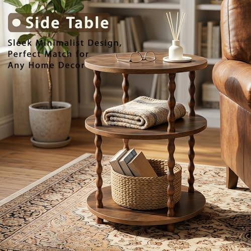 Round Side Table, 3-Tier End Table with Storage, Rustic Brown