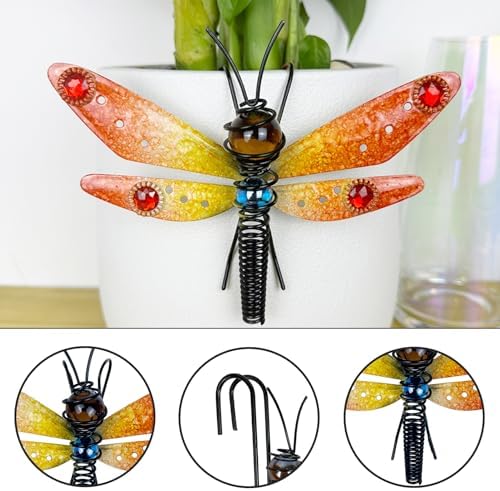 3Pcs Dragonfly Decorations for Flower Pots - Iron and Glass Painted Hanging Dragonflies Ornaments, Plant Pot Potted Hanger Figurines, Outdoor Garden Pendant Decor