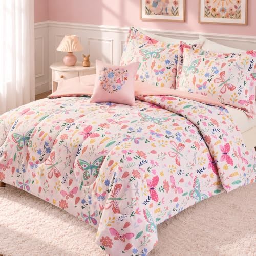 Full Size Comforter Sets for Girls-4 Pieces Pink Floral Full Bedding Sets