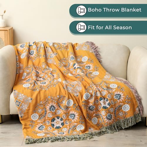 Yellow Floral Rustic Boho Blanket for Bed Couch Travel 60''x 80''
