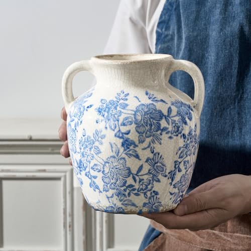 Ceramic Vase with Handles, Vintage Utensil Holder, Flower Decorative Vase Chinoiserie Decor Rustic Farmhouse Retro Floral Vases for Table Bookshelf Mantel Kitchen Living Room Office - 6.7” Blue 018