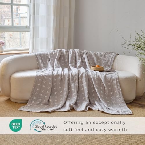 Checkered Flower Muslin Blanket for Sofa 60"×80" Grey/Off White