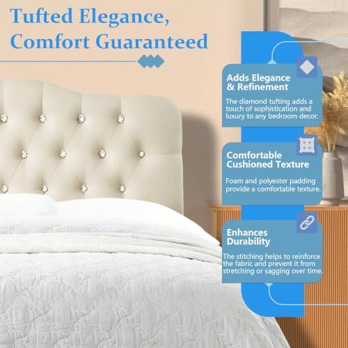 Mid-Rise Upholstered Headboard - Diamond Tufted - Adjustable Height from 34” to 43” - Easy Assembly - Bed Frame - Sturdy - Stone - King Size