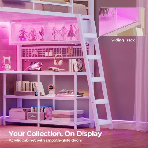 ADORNEVE Gaming Loft Bed Twin Size with U-Shaped Desk & RGB Cabinet, White
