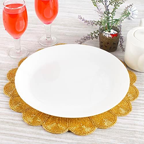 CLEENTABLE Gold Round Beaded Placemats, 13in Glass Bead Table Mats, 2-Pack