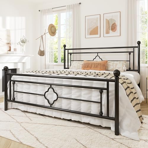 Allewie King Size Metal Platform Bed Frame, Victorian Headboard, Black