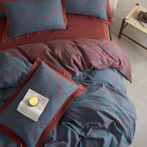 Blue Red Duvet Cover Queen,3 Pieces Retro Jacquard Forest Theme Tree Leaves Bedding Set,Linen Cotton Yarn-Dyed Textured Duvet Cover with Zipper Closure