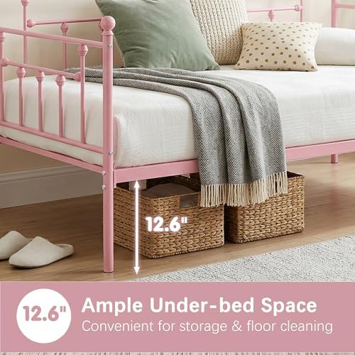 VECELO Twin Size Daybed Frame Metal Steel Slat Support with Headboard Sofa Bed Platform for Living Room, Guest Room, Easy Assembly, Pink