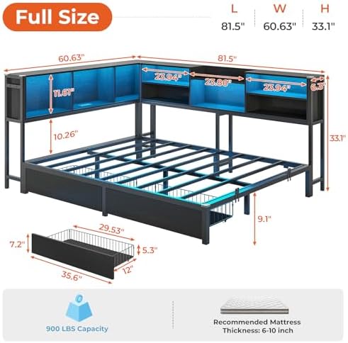 DICTAC Full Corner Bed Frame with Storage Bookcase and Led Lights Metal Platform Corner Bed Frame with 2 Drawers and Charging Station Modern Full Size Daybed with Storage for Kids/Teen/Adult,Black
