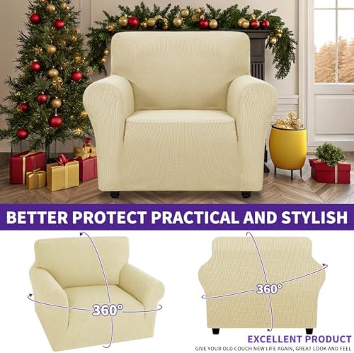 ZNSAYOTX Super Stretch Chair Slipcover Universal Sofa Chair Covers for Living Room Dogs Pet Furniture Protector Spandex Armchair Slipcovers with Anti Slip Foam Sticks (Beige, Chair)