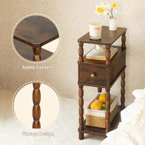 MaxSmeo Narrow Nightstand with Drawer, Narrow End Table with Storage, Skinny Small Side Table Living Room for Small Spaces, Bedroom (Rustic Brown)