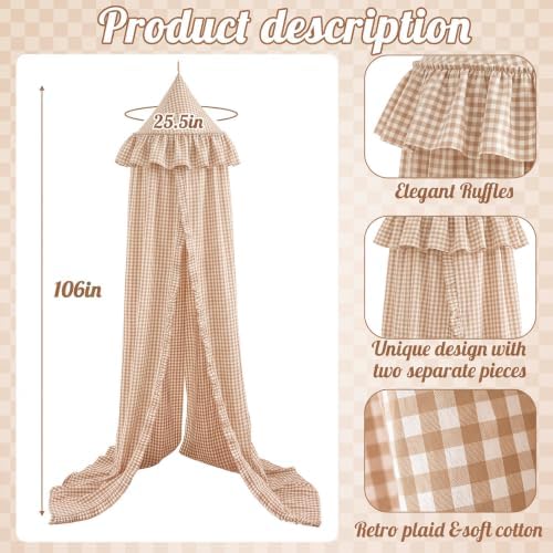 SmoothNovelty Gingham Plaid Bed Canopy, Beige White, Round