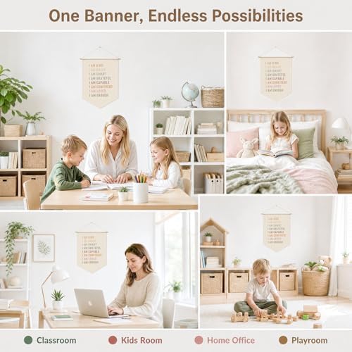 Kids Affirmations Wall Decor Banner, I Am Kind Smart Loved Enough Positive Hanging Sign, Motivational Fabric Poster for Nursery Classroom Playroom