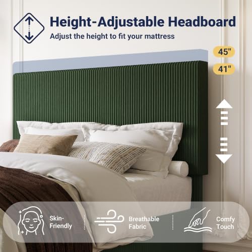 Allewie Queen Bed Frame, Adjustable Corduroy Headboard, Platform, Green