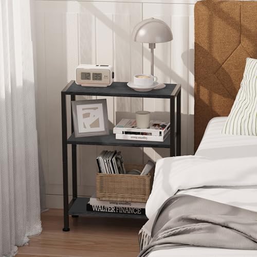 3-Tier Side Table Set of 2, Small End Table, Sofa Side Table for Narrow Spaces, Slim End Table, Nightstand Table, for Living Room Bedroom Office, Black