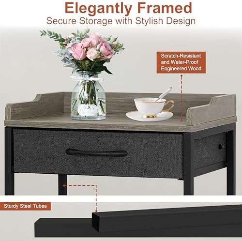 Tall Side Table, Narrow Side Table with Wheels, Black & Grey