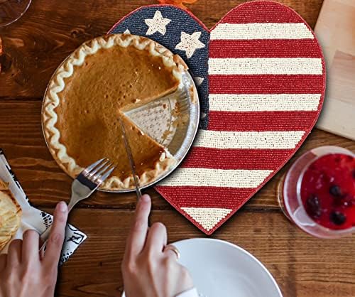 Lightnpro Heart‑Shaped Beaded Placemats Set of 2 – 13 Inch Red White Blue Charger Mats, Handcrafted Artisan Table Accessories, Decorative Table Décor for Independence Day & Memorial Celebrations