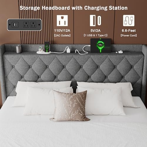 GalnFu Full Size Bed Frame with Storage, Upholstered Full Lift up Storage Bed Frame with Charging Station, Button Tufted Headboard, No Box Spring Needed, Easy Assembly, Noise Free, Dark Gray
