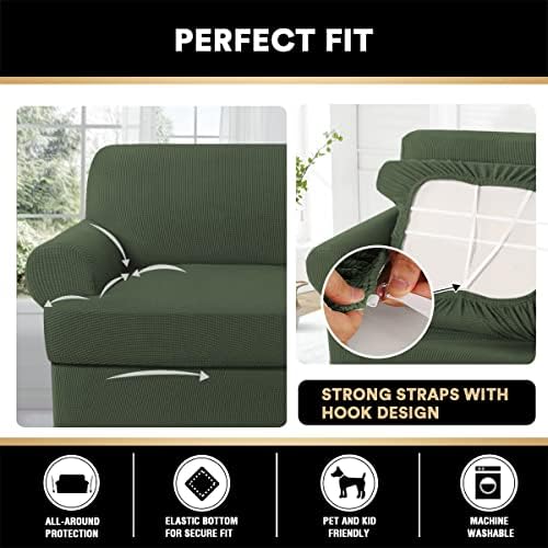 PrinceDeco T Cushion Loveseat Slipcover - 3 Pieces Sofa Cover for 2 Cushion Couch with 2 Individual T Shape Seat Covers Width Up to 76 Inch - Stretch, Machine Washable, Bronze Green
