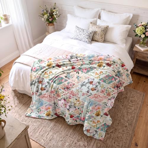 Breling Boho Floral Throw Blanket with Vintage Patchwork 50 x 60 Inch