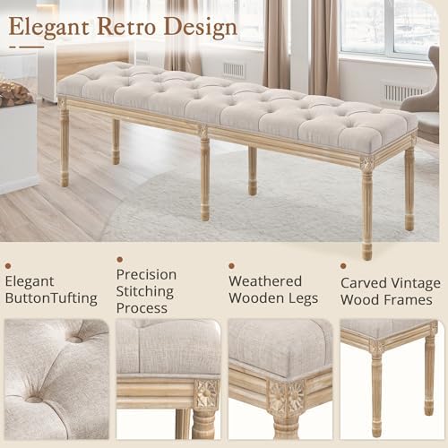 LUE BONA 60" Fabric End of Bed Bench, Upholstered Tufted French Bedroom Bench with Carved Legs for Bedroom End of King Size Bed, Living Room, Linen