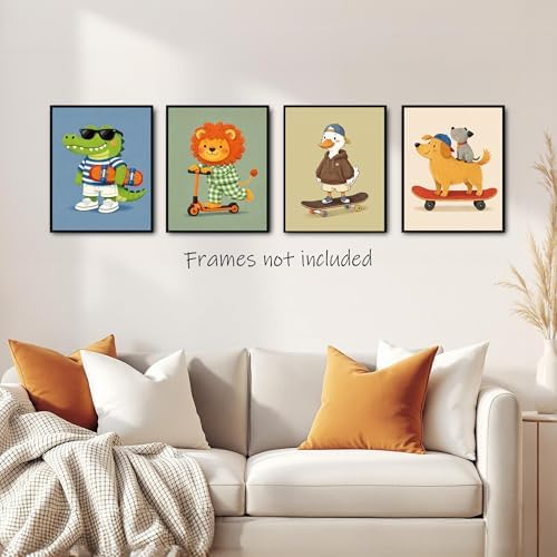 Noaleviax Cute Animals Posters Set - Toddler Baby Boy Room Decor, Crocodile Lion Duck Dog Pictures Wall Art for Kids Nursery Bedroom Playroom Decor, 8x10 Unframed, Set of 4