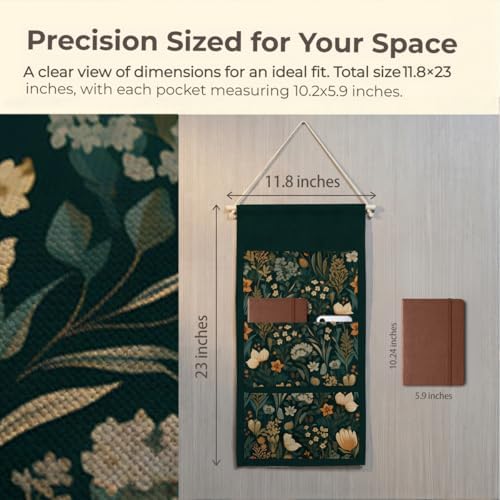 IAXIC Canvas Wall Hanging Organizer with Pockets Fish Extender Hanging Pouch Dark Floral Door Closet Organizers Fabric Storage Pockets Wall Decoration