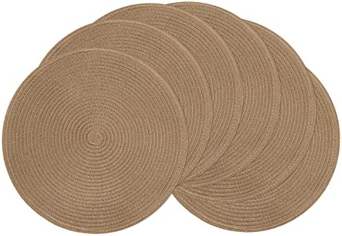 SHACOS Round Braided Placemats Set of 6 Washable Cotton Polyester 15 inch Round Table Place Mat for Dining Table (Brown, 6)