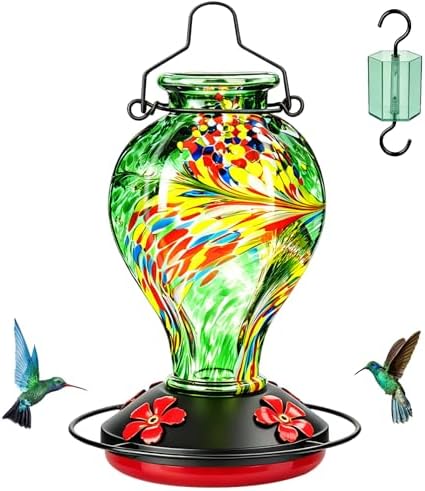 Hand Blown Glass Hummingbird Feeders for Outdoors Hanging, 24oz Wild Bird Nectar Feeder with Ant Moat and Perch, Bee-Resistant Ports, Garden Decor, Gifts for Women Mom, 1 Pack, Green Phoenix