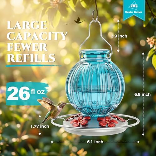 Glass Hummingbird Feeder for Outdoors Hanging, 26 fl oz Bird Nectar Feeder