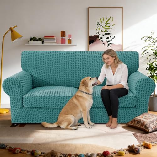 MAXIJIN 3 Pieces Stretch Couch Covers for 2 Cushion Couch Washable Sofa Cover with 2 Extra Large Seat Soft Loveseat Sofa Slipcovers with Non Slip Strap (Peacock Blue), 71"-91"(2 XL Cushions)