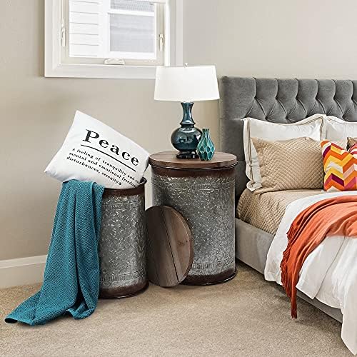 RUSTOWN Farmhouse Accent Side Table, Set of 2 Galvanized Storage Ottoman
