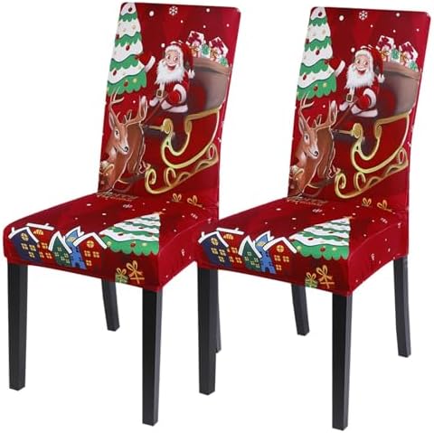 SearchI Christmas Chair Covers Set of 2, Stretch Xmas Kitchen Chair Cover Removable Washable Holiday Parsons Chair Slipcovers for Dining Room, Christmas Decoration, Ceremony(Santa Claus+Elk)