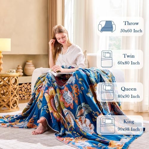 XIBLC Boho Throw Blanket, Blue Lightweight Blankets for Summer, 100% Cotton Bohemian Decorative Throw Blanket, 80"x90" Reversible Muslin Breathable Woven Farmhouse Blankets Quilt,