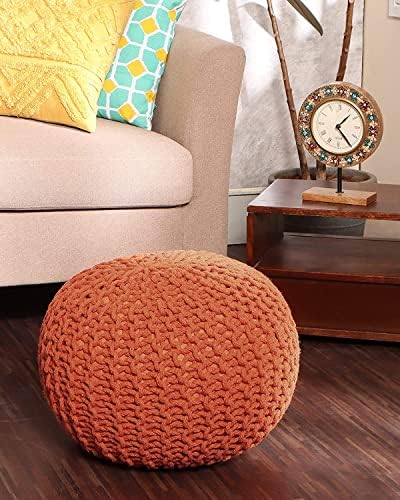 · REDEARTH · Round Pouf Ottoman - Hand Knitted Boho Poof - Burnt Orange