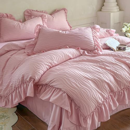 Cottagecore Ruffled TwinXL Duvet Cover Set Pink Wavy Jacquard Shabby Chic Bedding Set 3 Pieces, Microfiber Zipper Comforter Cover and 2 Pillowcases French Vintage Bedding Duvet Cover for All Seasons