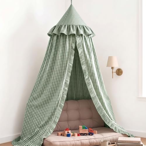 SmoothNovelty Gingham Plaid Bed Canopy, Green White, Round