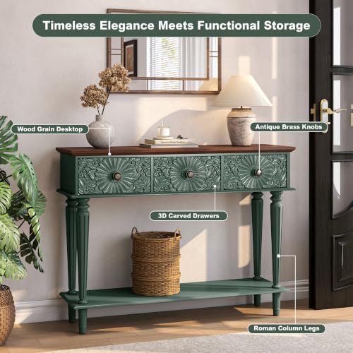 Vintage Console Table with 3 Embossed Floral Drawers for Entryway