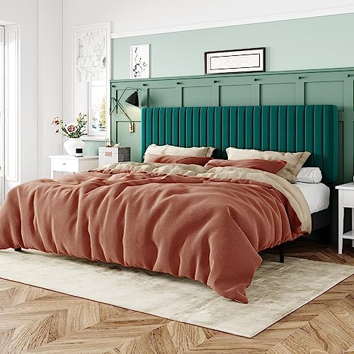 Allewie King Bed Frame, Velvet Upholstered Platform Bed with Adjustable Vertical Channel Tufted Headboard, Mattress Foundation with Strong Wooden Slats, Box Spring Optional, Easy Assembly, Teal