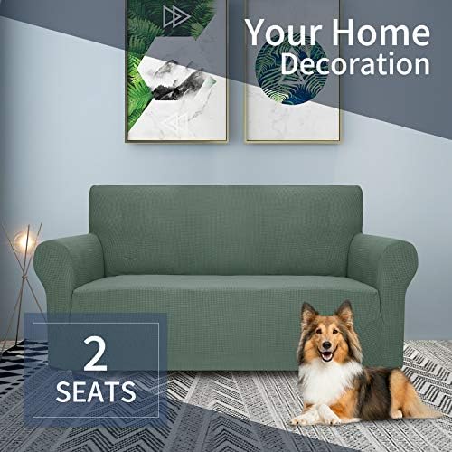 JIVINER High Stretch 1-Piece Jacquard Small Checks Couch Covers for 2 Cushion Couch Anti Slip Love Seat Sofa Covers Loveseat Slipcovers Protector for Kids Pets (Loveseat, Pea Green)