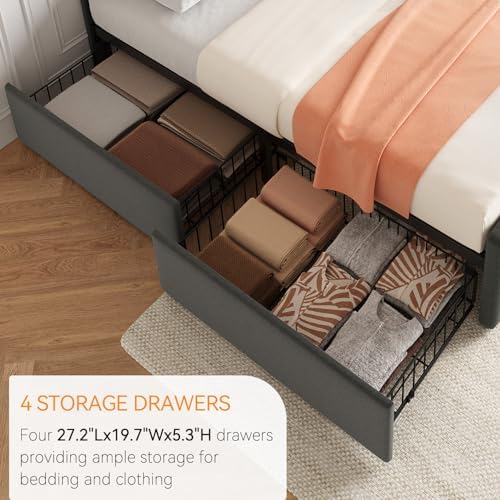 IDEALHOUSE Full Bed Frame with 4 Storage Drawers and Headboard, Light Grey