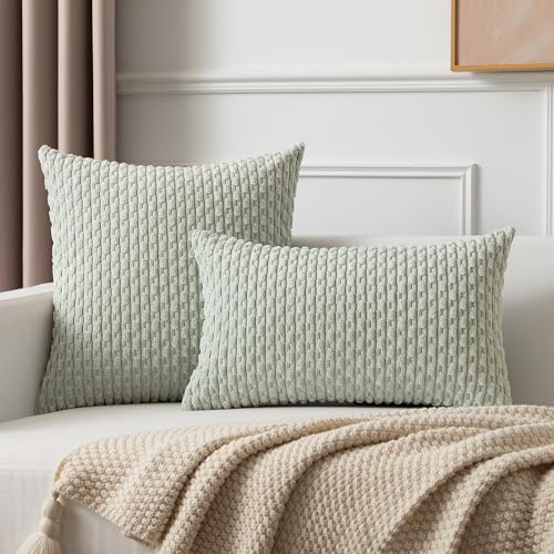 Kevin Textile Soft Corduroy 18x18 Inch Pillow Covers 2 Pack, Light Green