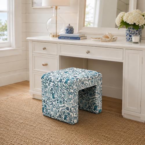 Get Set Style Vanity Stool Chair,Modern Tusk Bloom Ottoman Foot Stool with Wooden Legs Sofa Bench Footstool Extra Seat for Vanity,Makeup Room,Living Room(Fully Assembled) (Tusk&Bloom-Indigo)